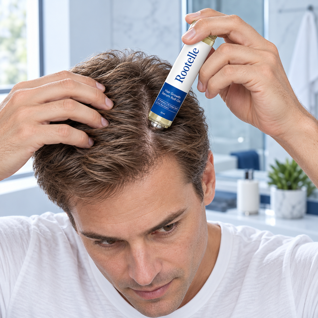 Applying Rootelle roll-on to a thinning scalp