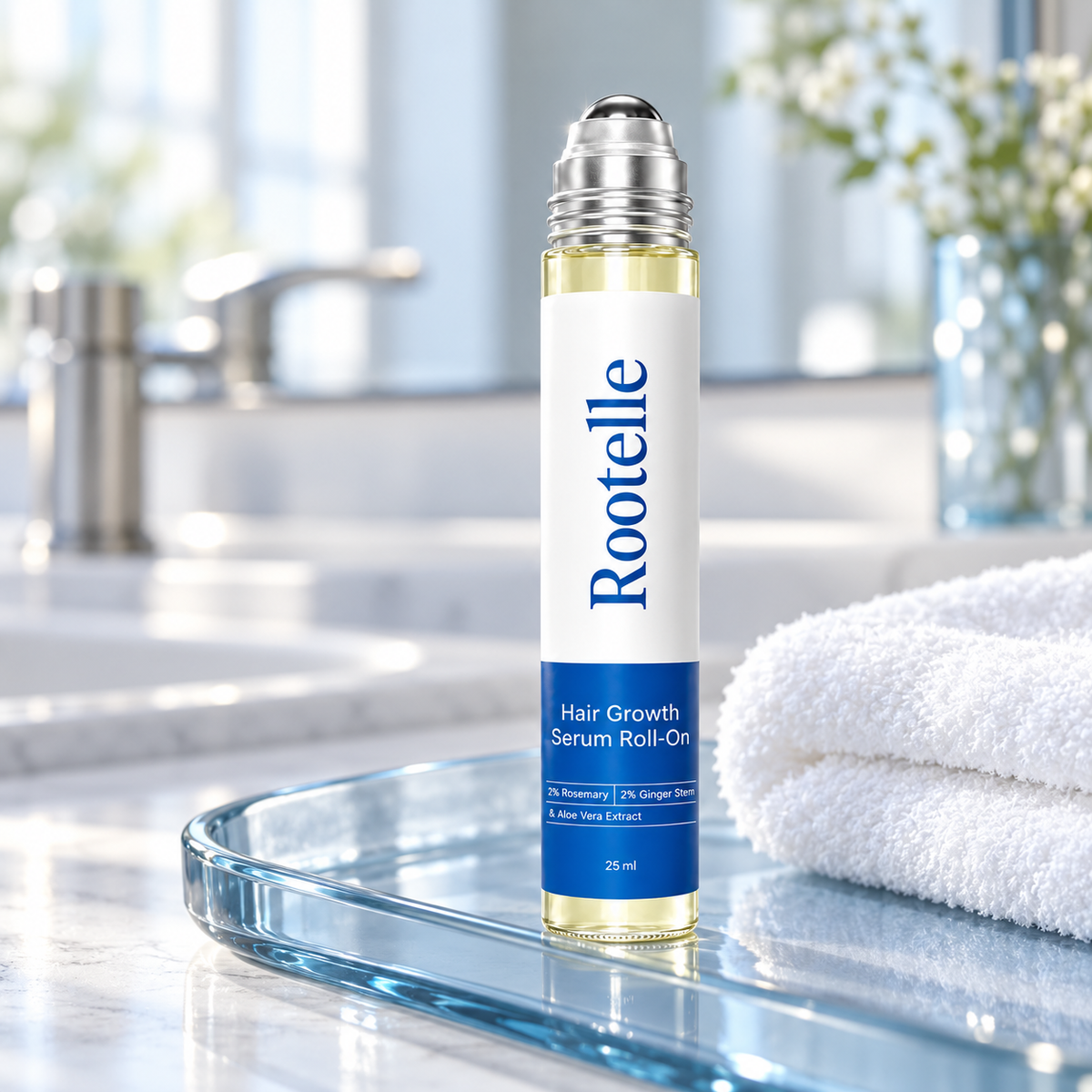 Rootelle serum on a bathroom counter