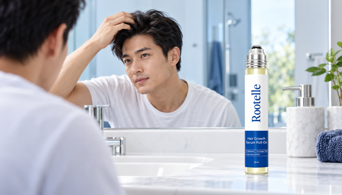 Man checking his hairline in the mirror next to Rootelle serum